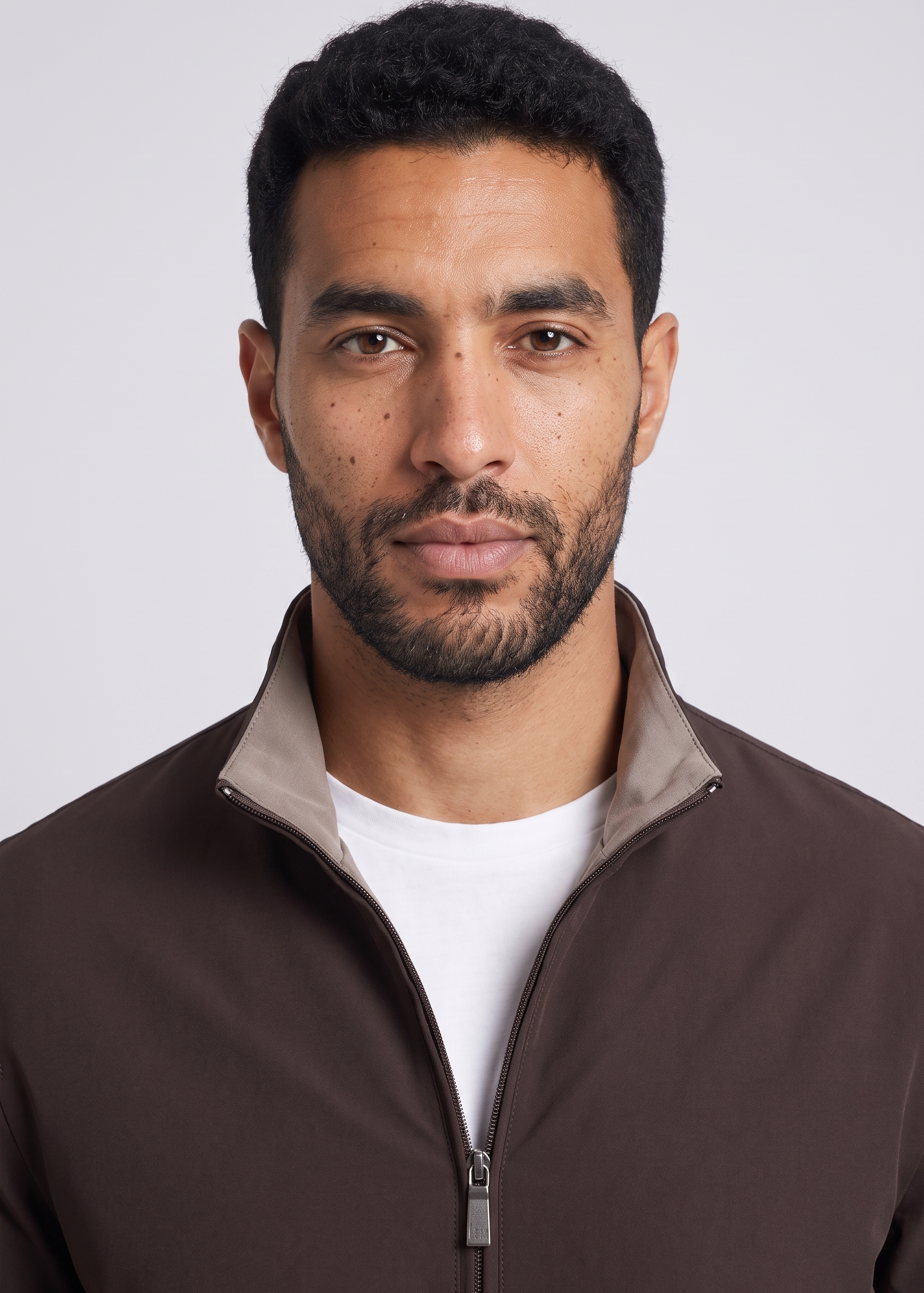 Detail de la veste brun espresso MONVALERE : col montant a doublure taupe et zip argente, vue trois-quarts